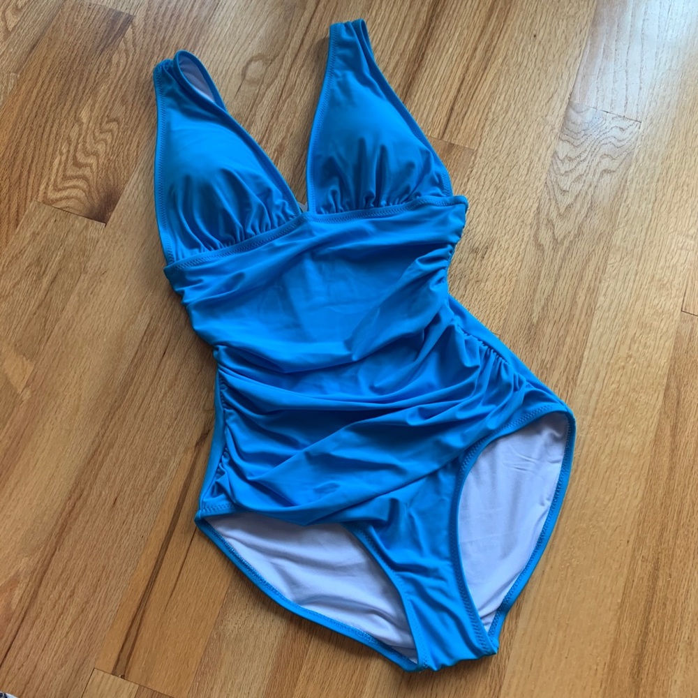 Shophopes blue deep vneck ruched one piece swim